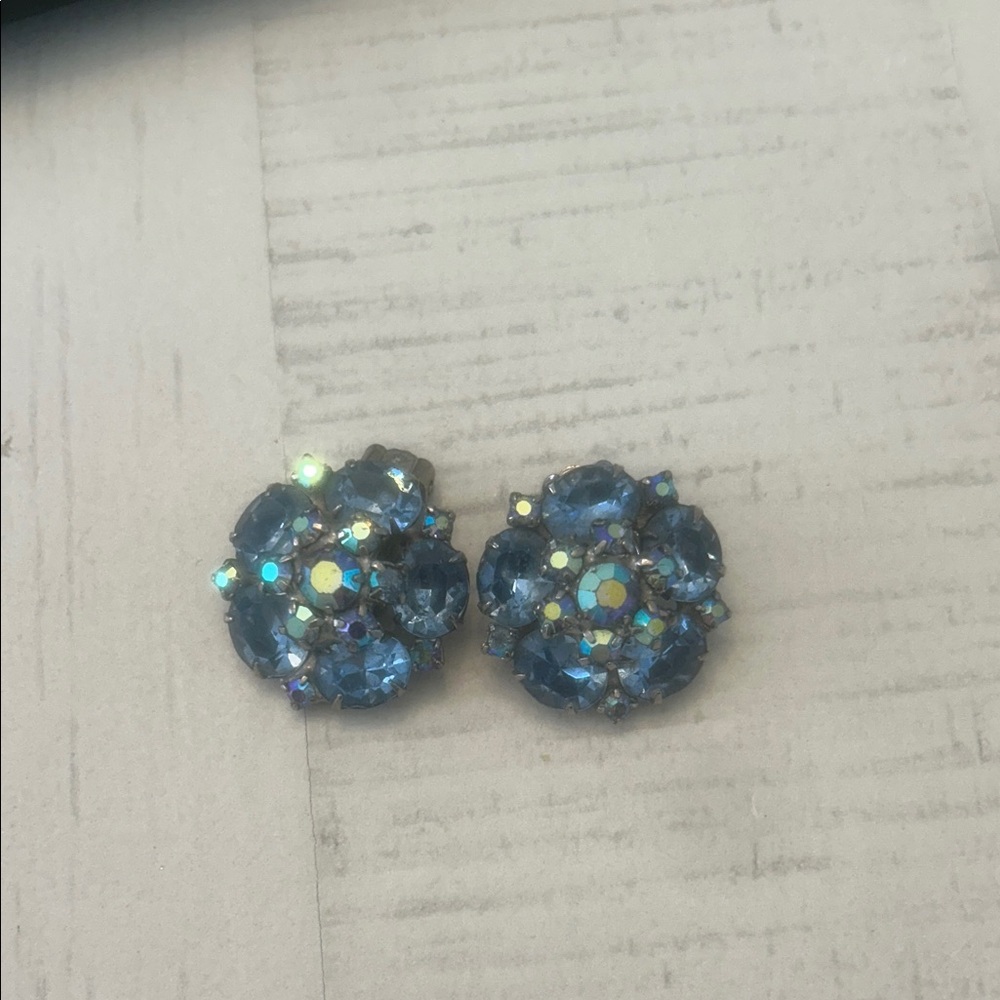 Weiss Aurora Borealis Blue Rhinestone Earring Set Vintage Designer Retro